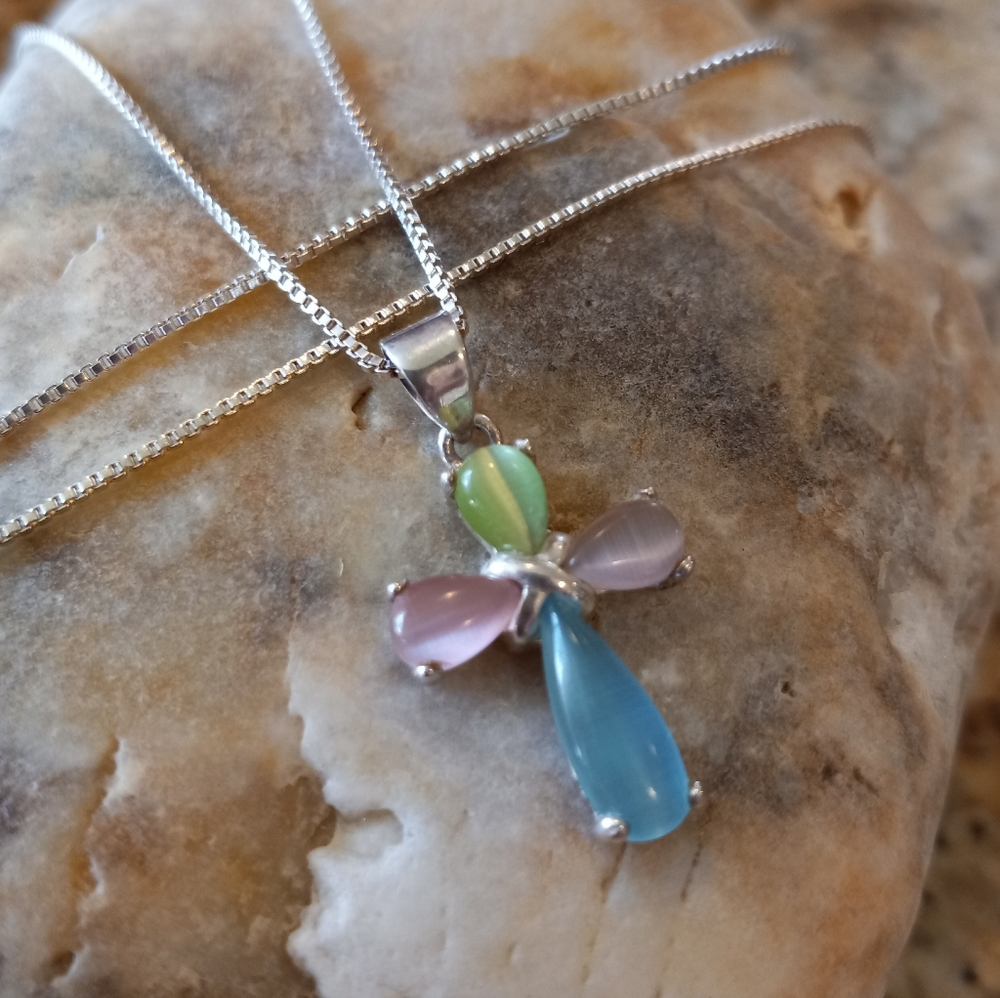 925 Cats Eye Cross Pendant with 18" Italian Chain